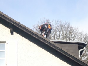 Dacharbeiten zur Marderabwehr, gesichert durch Fallschutz. Dacharbeiten zur Marderabwehr, gesichert durch Fallschutz.